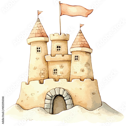 Watercolor Sandcastle with Three Towers and a PeachColored Flag