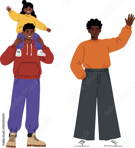 Family with father carrying child on shoulders and young man waving in casual clothes vector illustration 