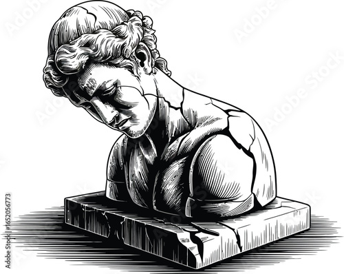 Engraved illustration showcases a broken bust of a classical figure, its detailed lines and cracks adding depth and character to the ancient sculpture, perfect for artistic projects.