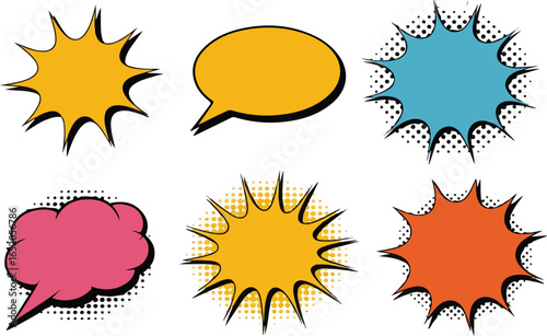 Various cartoon speech bubbles in different shapes and bright colors shown