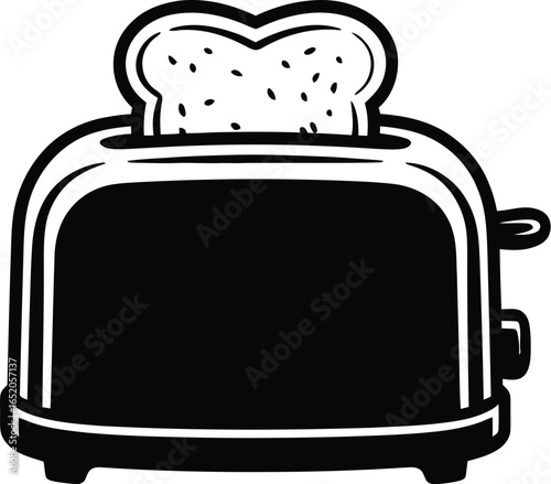 A stylized black and white toaster illustration features a slice of bread popping up, perfect for breakfast themes, kitchen decor, or culinary designs with a retro touch.