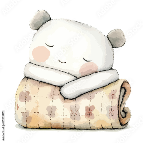 Watercolor Sleeping Bear Wrapped in a Quilted Blanket with Floral Pattern