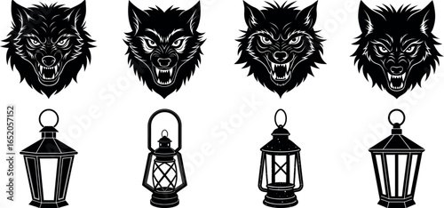 Silhouette Design Set of Wolves and Lanterns