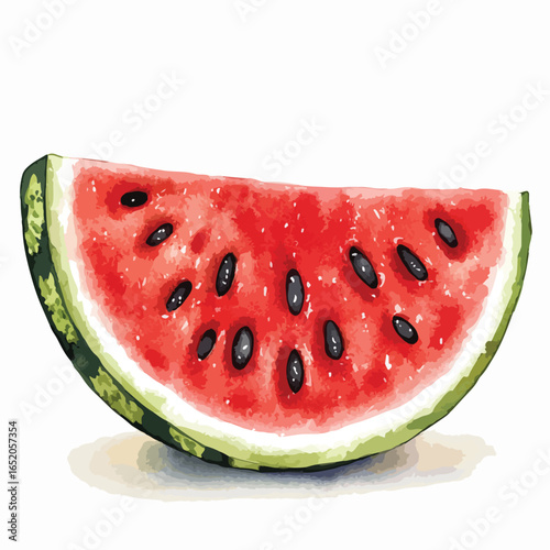 Watercolor Slice of Juicy Watermelon with Black Seeds and Green Rind