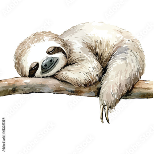 Watercolor Sloth Curled Asleep on a Branch with Visible Claws