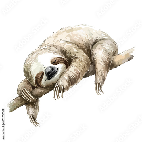 Watercolor Sloth Napping Peacefully on a Branch with Closed Eyes and Claws