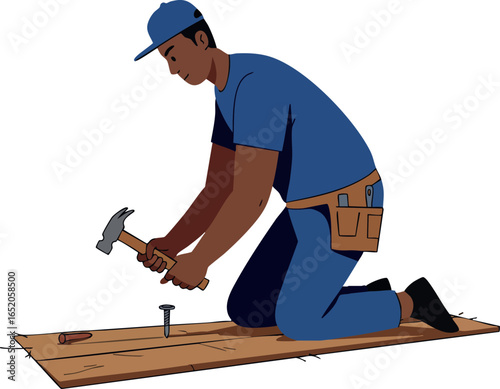 Carpenter wearing blue outfit hammering nail on wooden plank vector illustration 