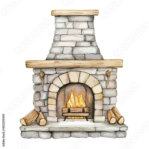 Watercolor Stone Fireplace with Burning Logs and Wooden Mantle Detail