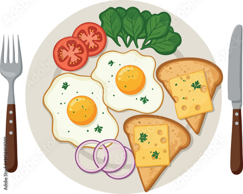 Fried eggs breakfast with toast tomato spinach and onion vector illustration 