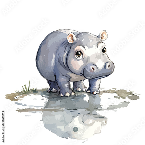Watercolor Style Baby Hippo Standing with Reflection in Puddle