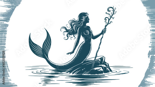 Elegant mermaid illustration with flowing hair, a decorative staff, and a detailed tail resting on rocks in the water, creating a serene and mythical aquatic scene.