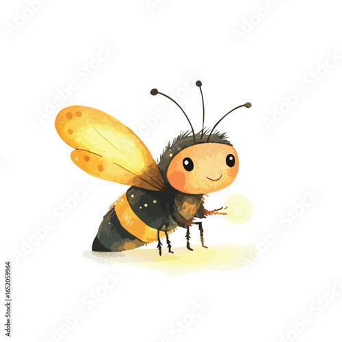 Watercolor Style Bee Holding a Glowing Orb with Striped Abdomen and Antennae