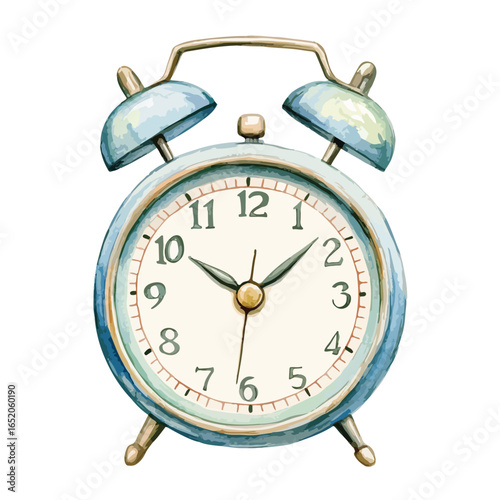 Watercolor Style Blue Alarm Clock with Golden Accents and Visible Brushstrokes