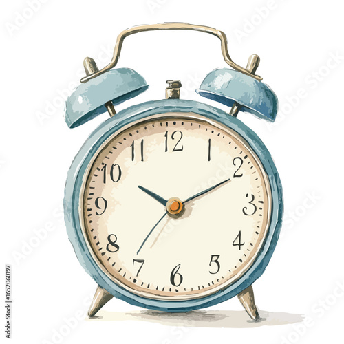 Watercolor style blue alarm clock with golden accents and classic design