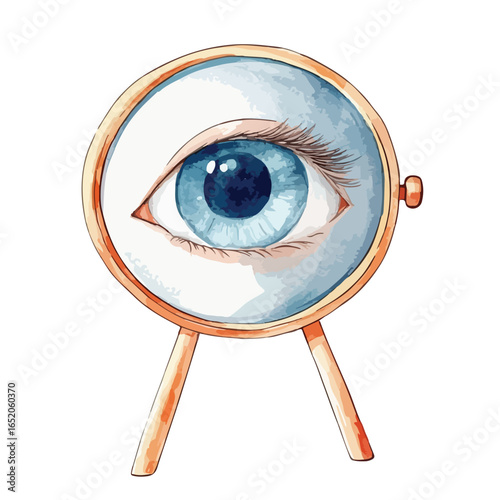 Watercolor style blue eye viewed through a vintage golden magnifying glass