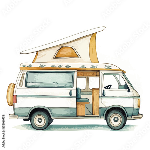 Watercolor Style Camper Van with PopUp Roof and Spare Tire Detail