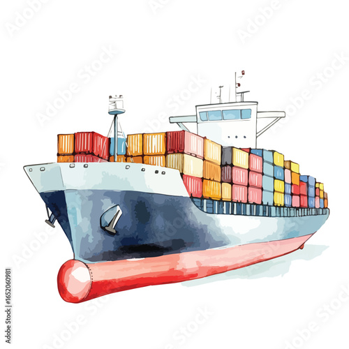 Watercolor Style Cargo Ship with Colorful Shipping Containers Illustration