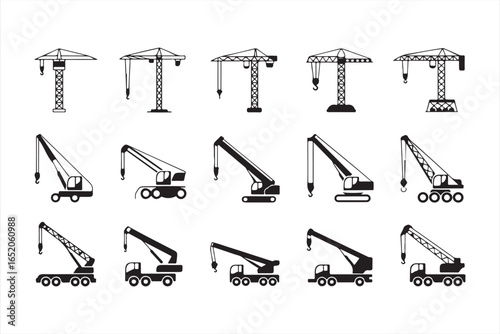 Black Outline Vector Icons of Cranes Heavy Equipment and Construction Machines