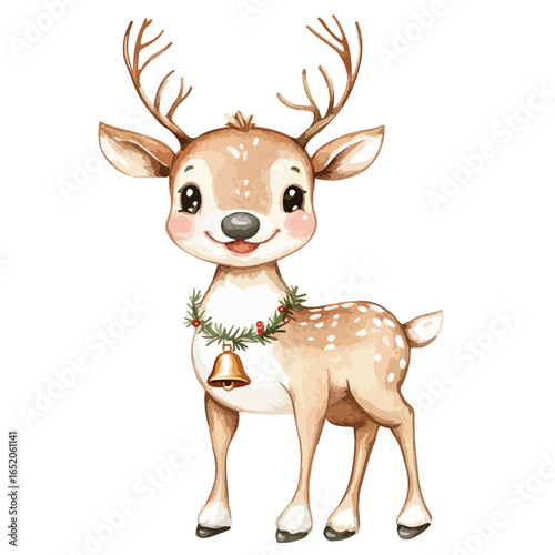 Watercolor Style Cartoon Reindeer with Christmas Wreath and Golden Bell