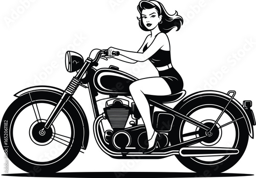 A stylized monochrome illustration showcases a woman riding a classic motorcycle, rendered in a bold, graphic style perfect for vintage themes and transportation designs.