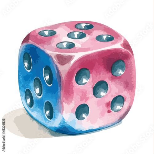 Watercolor Style Dice with Pink and Blue Facets and Rounded Edges