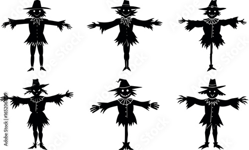 Six variations of a spooky scarecrow illustration