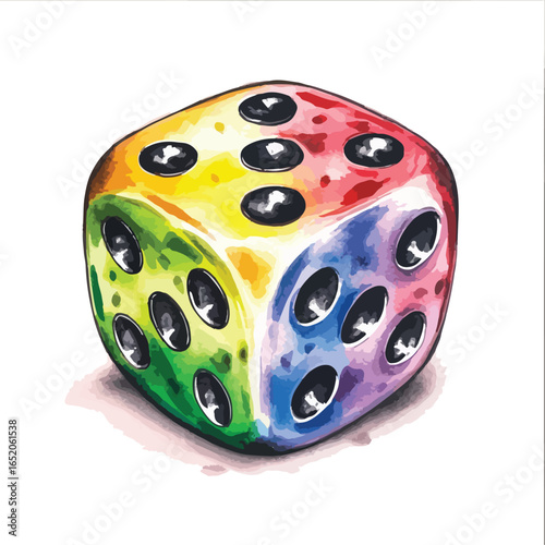 Watercolor Style Dice with Rainbow Gradient and Black Pips Illustration