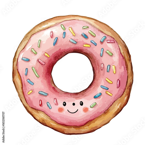 Watercolor Style Donut with Pink Frosting and Smiling Face Detail