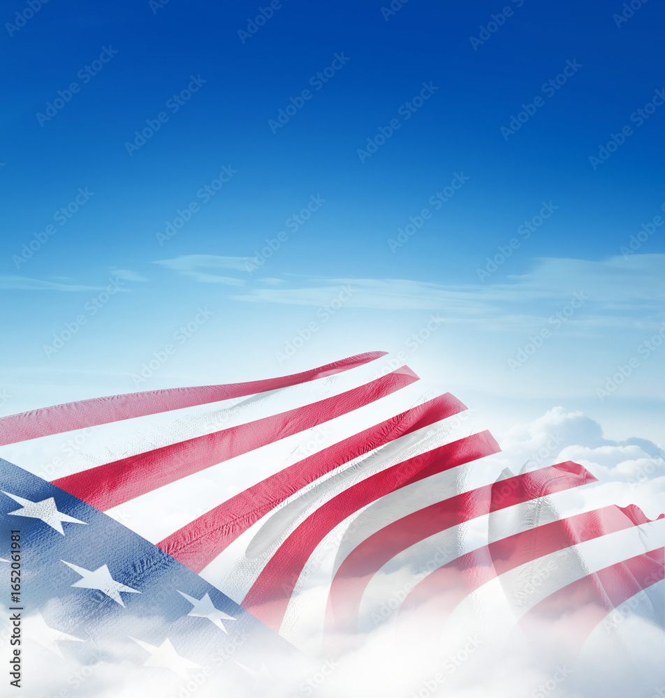 Obraz premium United States national flag waving in the clouds. The flag hiding in blue sky. American national flag for independence day. 4th july happy independence day of america.
