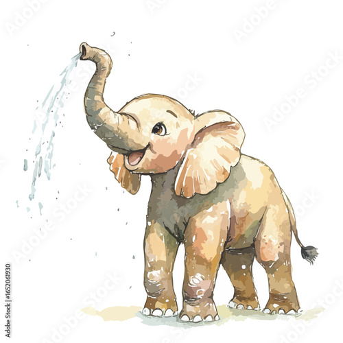 Watercolor Style Elephant Sprays Water from Trunk with Joyful Expression