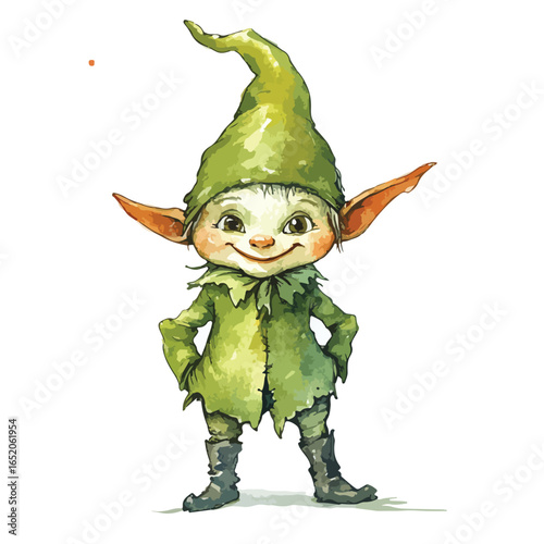 Watercolor Style Elf with Pointed Hat and Hands on Hips