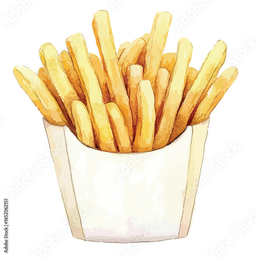 Watercolor Style French Fries in a Carton Golden Hues