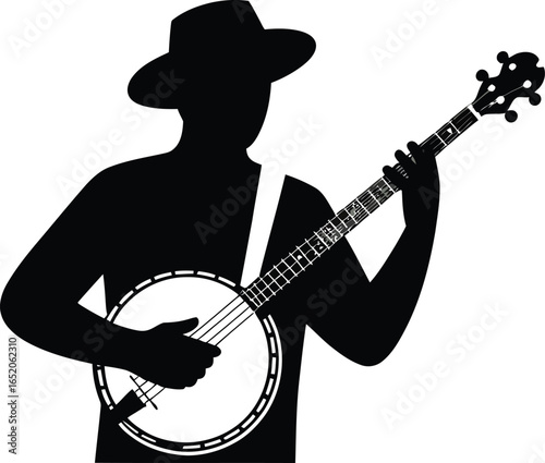 Silhouette of a banjo player wearing a hat, captured in a striking black and white design, perfect for music enthusiasts and graphic design projects with a vintage or folk theme.