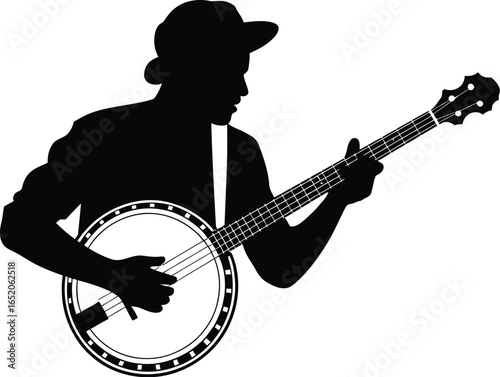 Silhouette of a banjo player with a hat, showcasing musical artistry and folk tradition, perfect for music-themed designs, event promotions, and cultural representations.