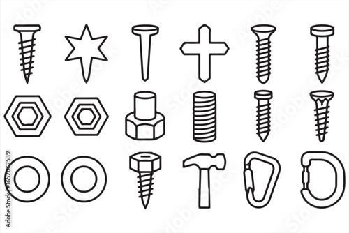 Vector Icon Set of Hardware Tools Screws Bolts Nuts and Washers Outline Design