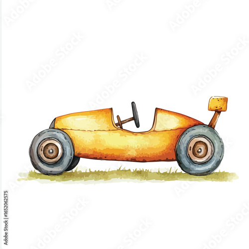 Watercolor Style Golden Toy Race Car with Gray Wheels and Rear Spoiler
