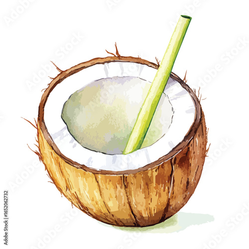 Watercolor Style Half Coconut with a Green Straw Tropical Drink Illustration
