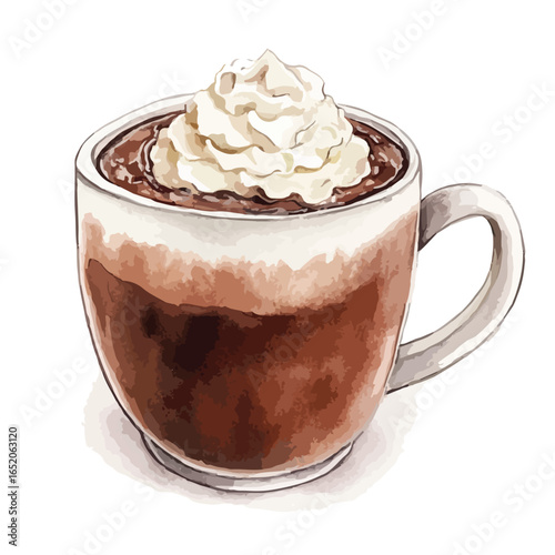 Watercolor style hot chocolate with whipped cream in a white mug