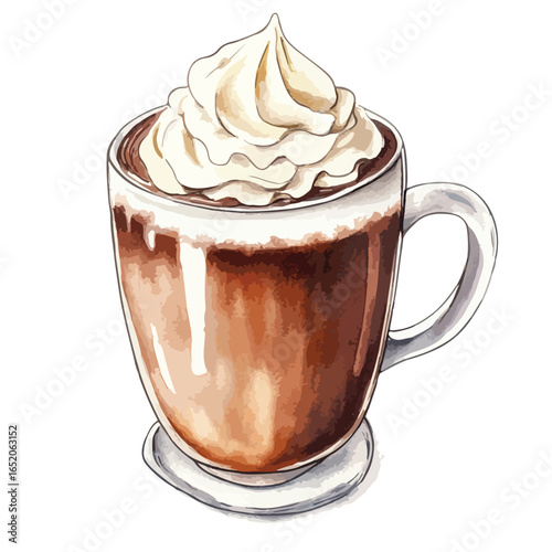 Watercolor Style Hot Chocolate with Whipped Cream in a Glass Mug