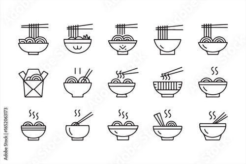 Vector Noodle Bowl Icons with Chopsticks Ramen and Asian Cuisine Symbols