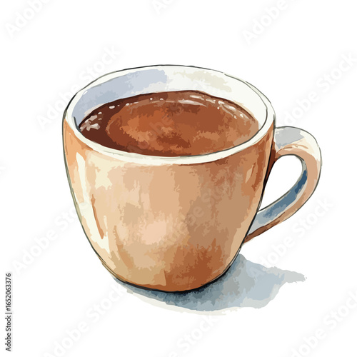 Watercolor style illustration of a full coffee cup with a beige exterior