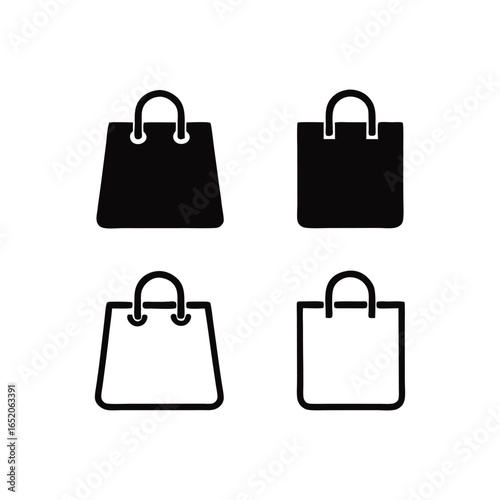 Shopping Bag Icons Set in Black and White Minimalist Design Representing Retail Therapy and Purchase Symbolism for Commercial Use