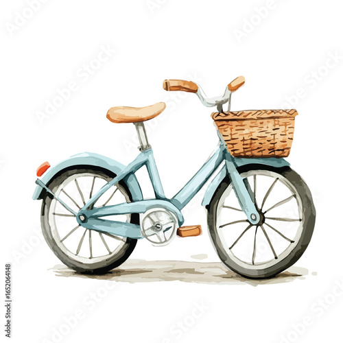 Watercolor Style Light Blue Bicycle with Wicker Basket and Brown Seat