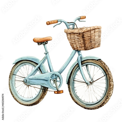 Watercolor Style Light Blue Bicycle with Wicker Basket and Brown Accents (1)