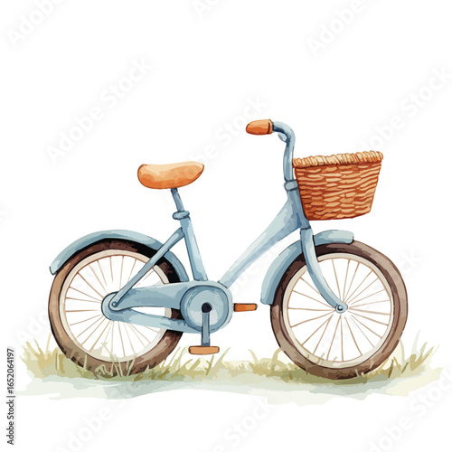 Watercolor style light blue bicycle with woven basket and tan seat illustration
