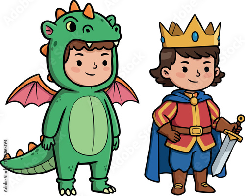 Children dressed in dragon and prince costumes playing imaginative fantasy roles vector illustration 