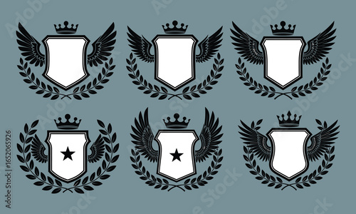 Set of vintage coat of arms emblem, blank shield design, crown, wings, laurel wreath, heraldic symbols, black and white vector illustration, editable crest