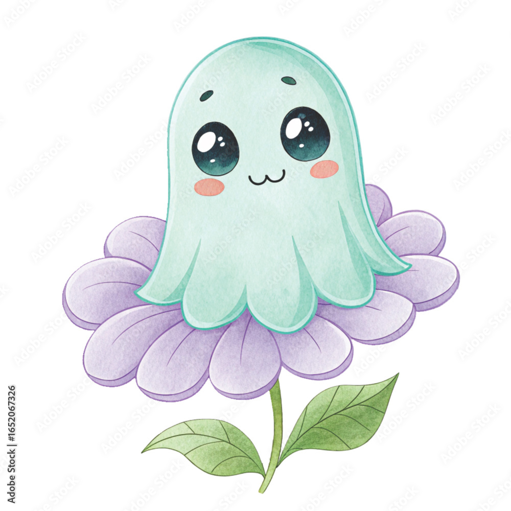 Cute ghost sitting on a flower pastel tones White Background