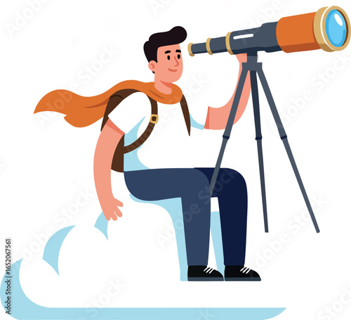 Man Sitting on Cloud Using Telescope for Sky Observation Vector Illustration 
