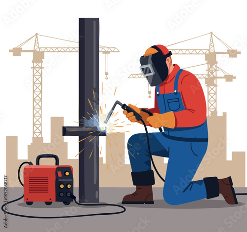 Welder Working with Welding Machine on Steel Structure at Construction Site Vector Illustration 